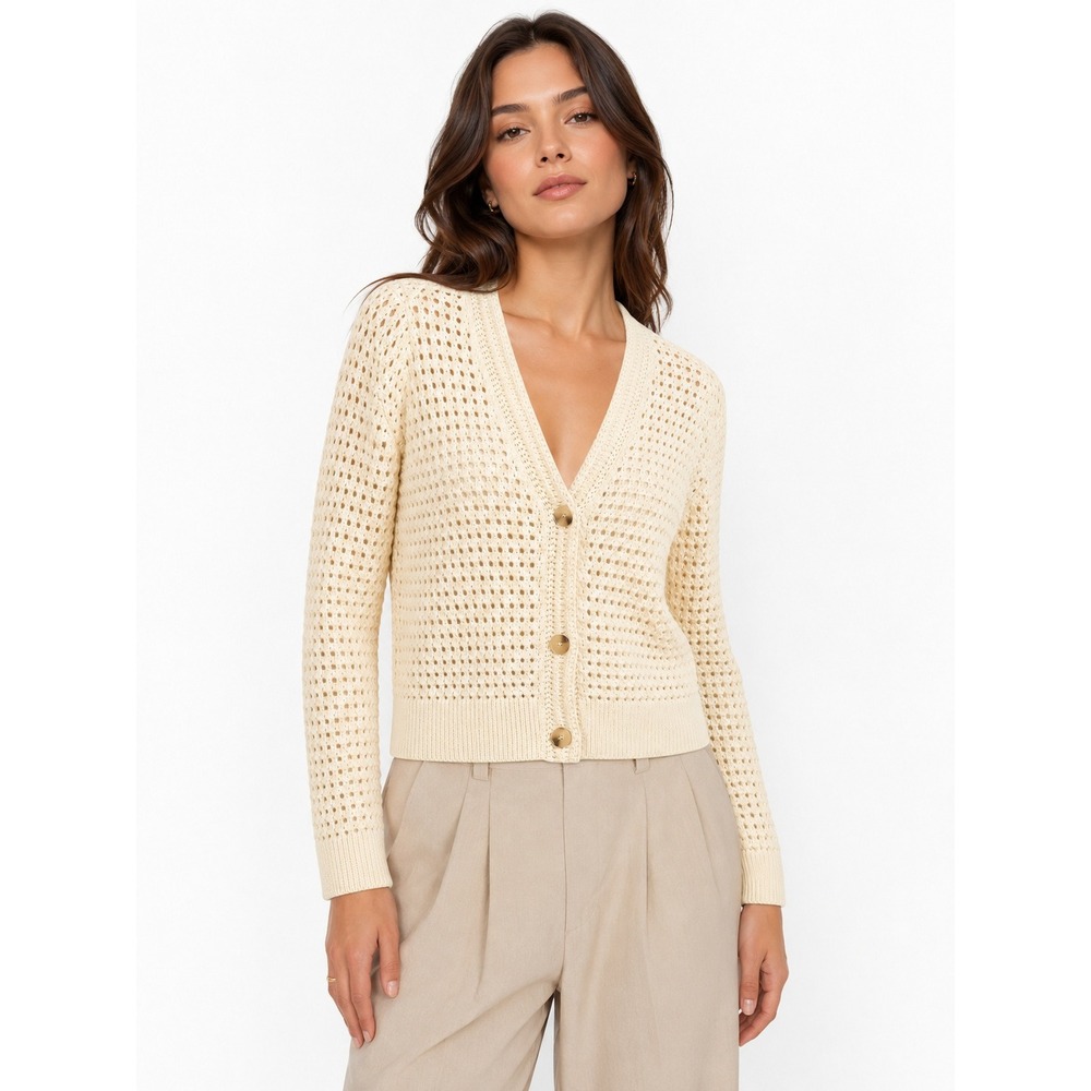 Market & Spruce Jackie Vneck Crochet Cardigan Off-White Cotton Sweater M NEW